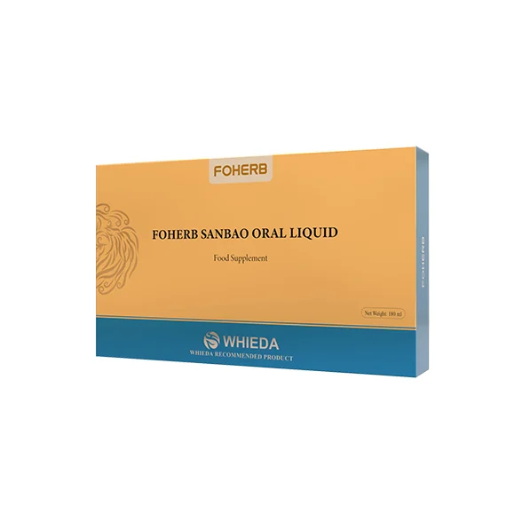 A vial and box of Elixir “3 Treasures” on tree bark among forest greenery