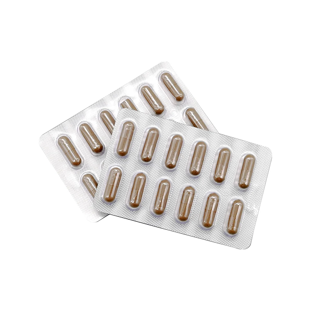 Fohow Lingzhi Capsules: a blister of dark red capsules and a box with a drawing of the lingzhi mushroom